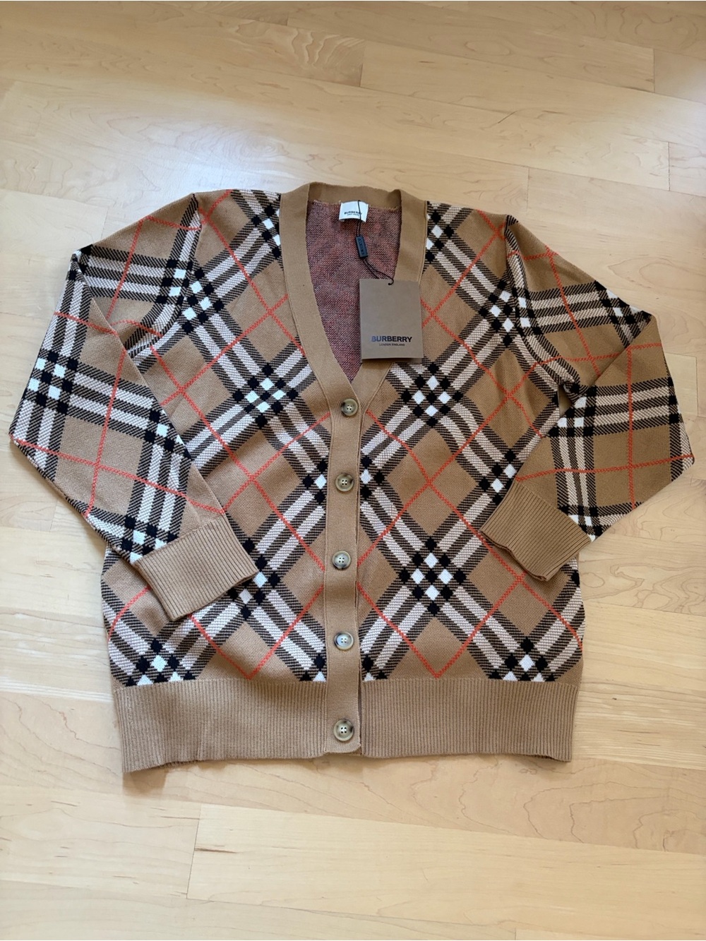 Burberry Camel Check Knit Cardigan with Red Accents